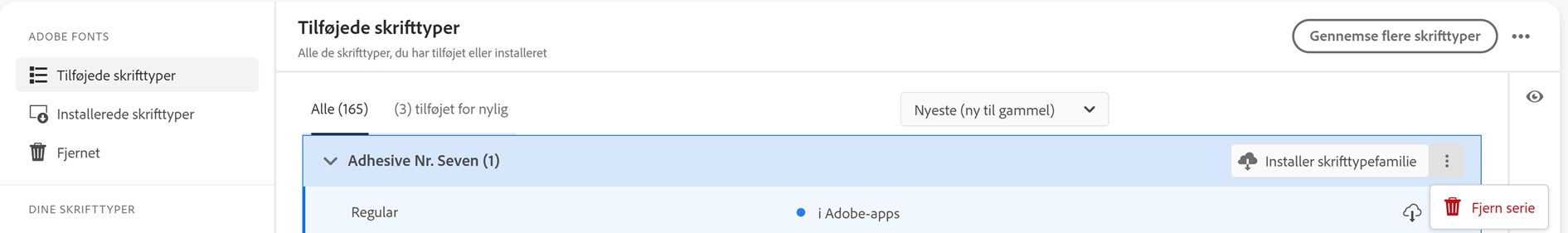 Menuen til fjernelse af skrifttyper vises 