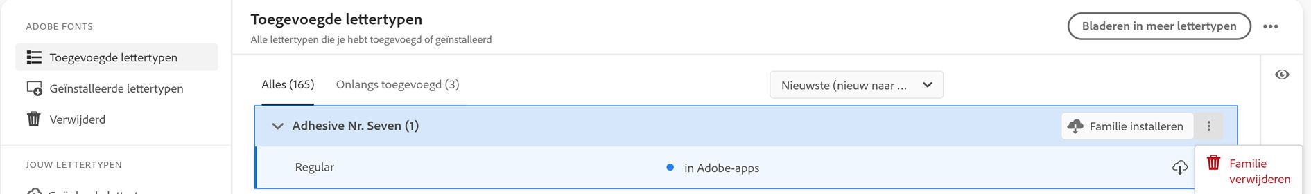 Het menu 'Lettertypefamilie verwijderen' wordt weergegeven 