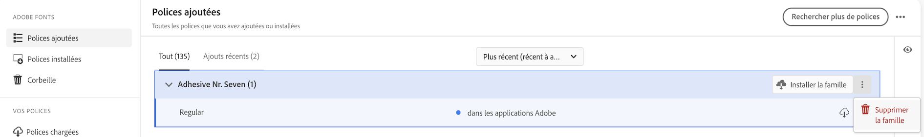 Affichage du menu permettant de supprimer une famille de polices 