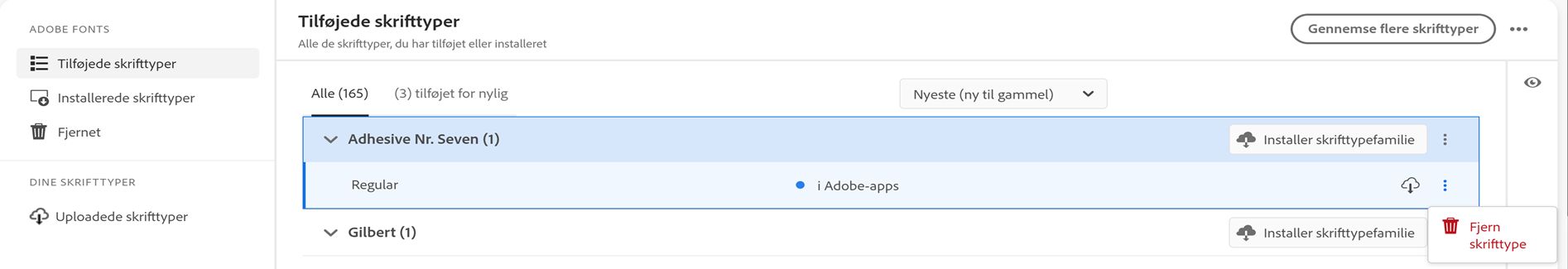 Menuen Fjern én skrifttype vises.