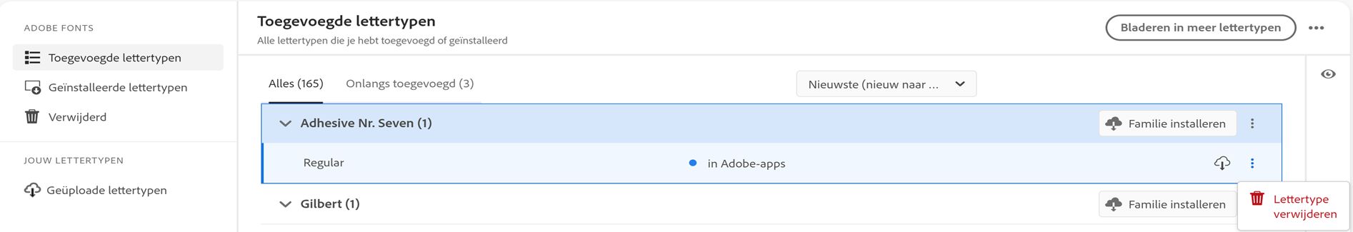 Het menu om één lettertype te verwijderen wordt weergegeven.