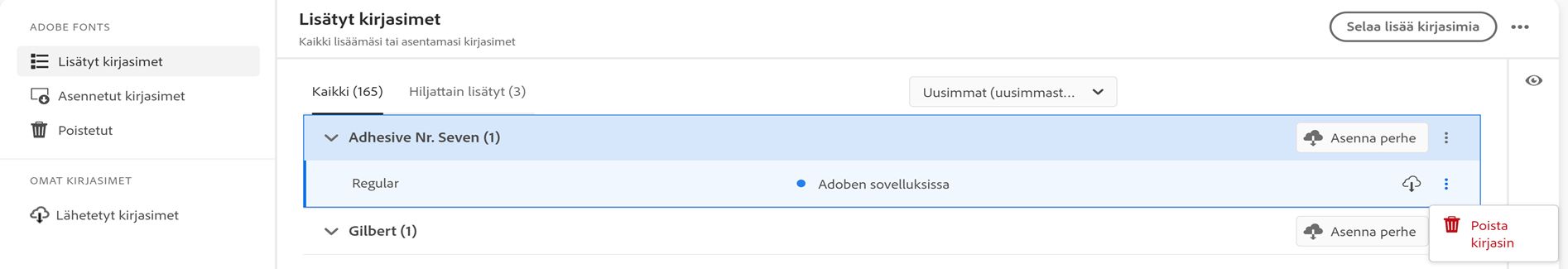 Poista yksi kirjasin ‑valikko tulee näkyviin.