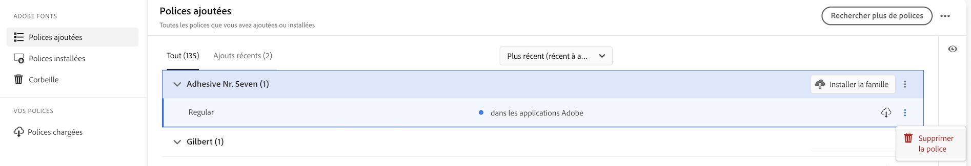 Affichage du menu permettant de supprimer une seule police.