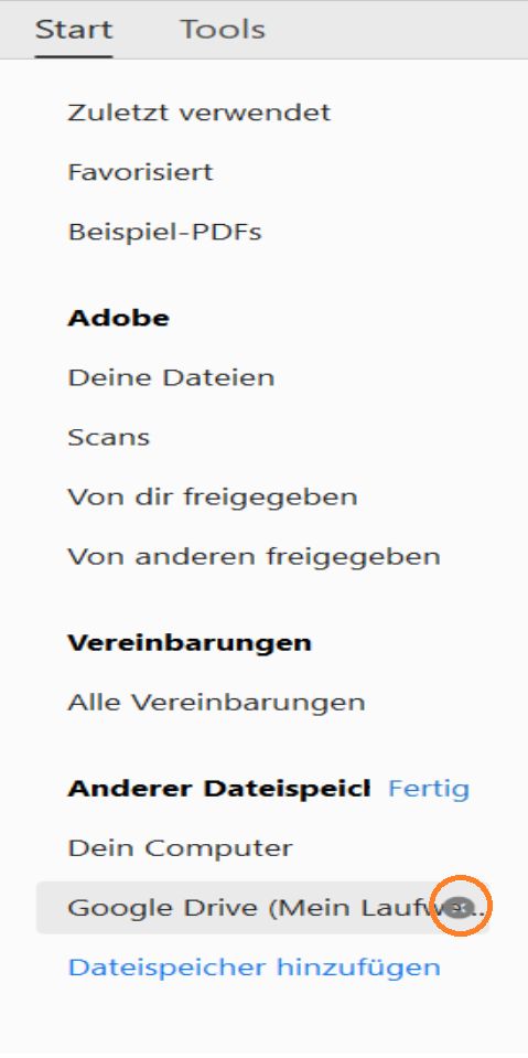 Zum Entfernen des Kontos auf das Kreuz klicken