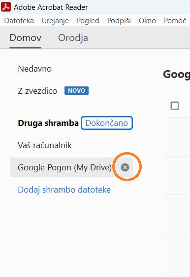 Kliknite ikono križca, da odstranite račun