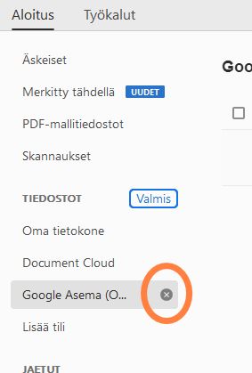 Poista tili napsauttamalla ristin kuvaketta