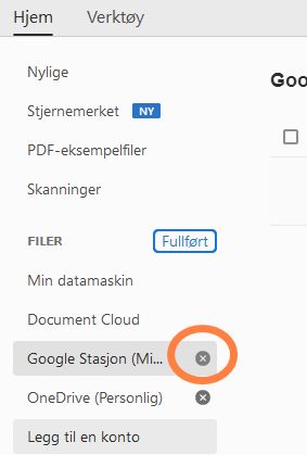 Klikke kryssikonet for å fjerne kontoen