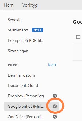 Klicka på kryssikonen för att ta bort kontot