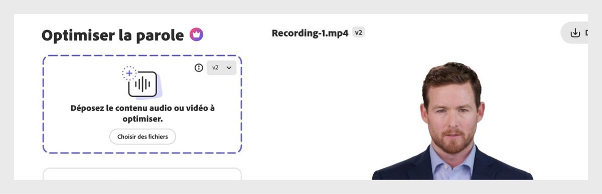 Dans la section Optimiser la parole, les options Déposez le contenu audio ou vidéo à optimiser et Choisir des fichiers sont disponibles pour commencer à charger les fichiers médias.