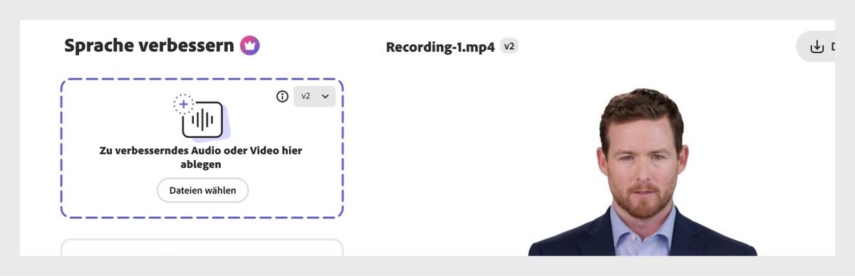 Im Abschnitt „Sprache verbessern“ stehen die Optionen „Audio- oder Videospur zum Verbessern ablegen“ und „Dateien auswählen“ zur Verfügung, um Mediendateien hochzuladen.