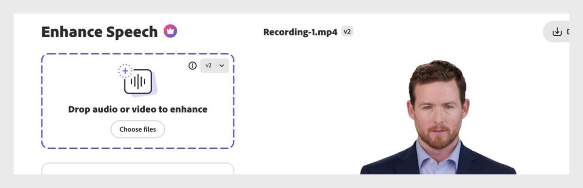 Under Enhance Speech section, Drop audio or video to enhance and Choose files are available to start uploading media files.