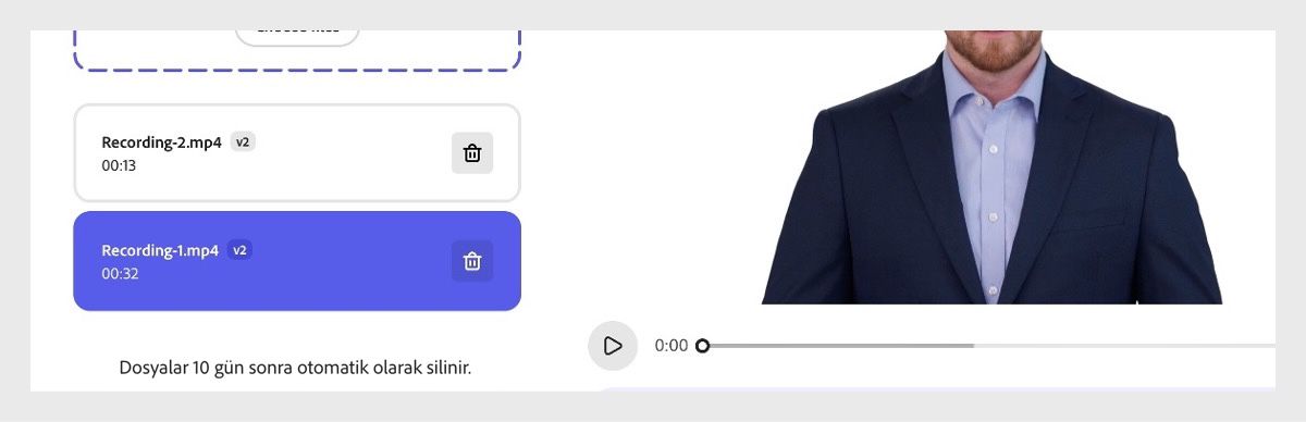 Liste, yüklenen dosyaları gösterir ve bunlardan biri konuşma iyileştirmesi için seçilir.