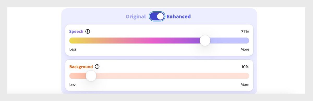 A Beszéd és Háttér csúszkák állítható szintekkel rendelkeznek, amelyeket a pontos vezérléshez százalékos értékek jeleznek mindkét végén.