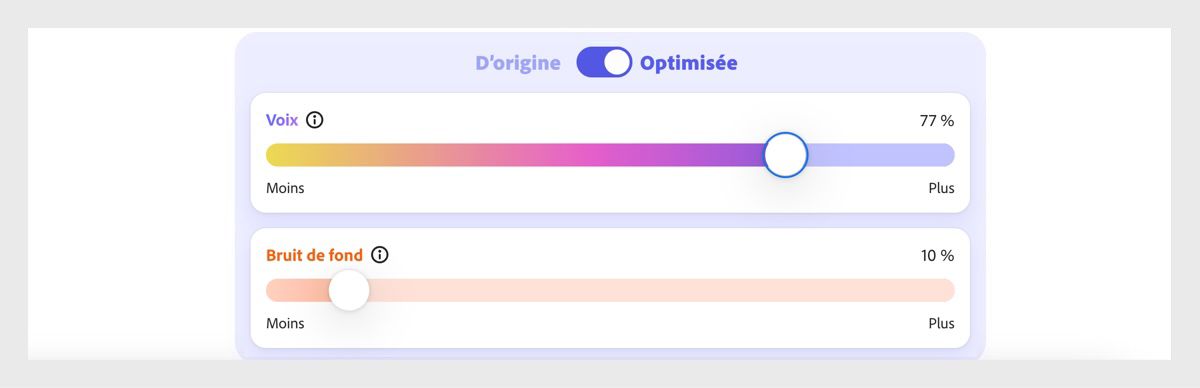 Les curseurs Parole et Fond sonore ont des niveaux ajustables, indiqués par des valeurs en pourcentage à chaque extrémité pour un contrôle précis.