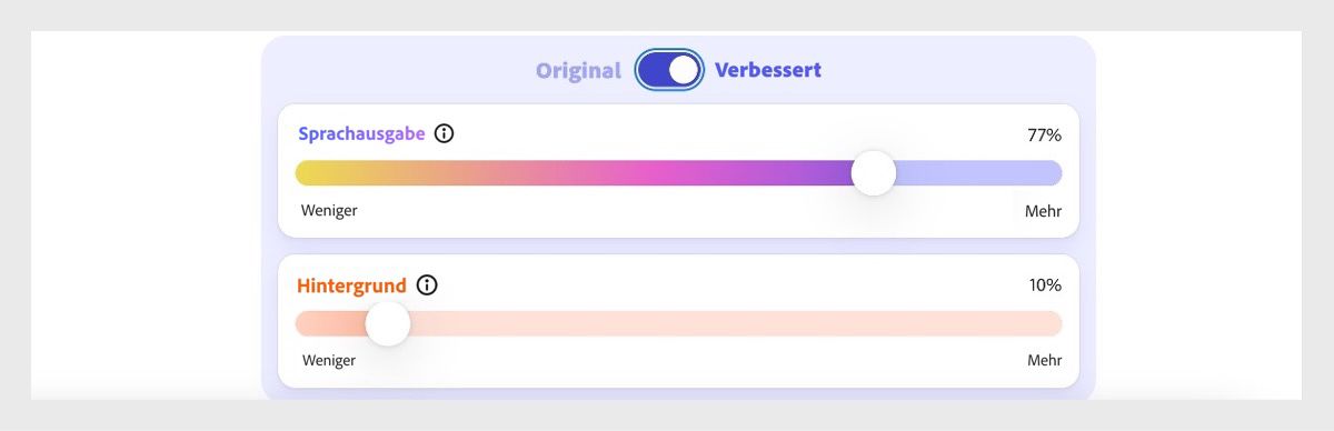 Mit den Schiebereglern für Sprache und Hintergrundgeräusche können die Pegel präzise eingestellt werden. Die Pegel werden durch die Prozentwerte an den Enden angezeigt.