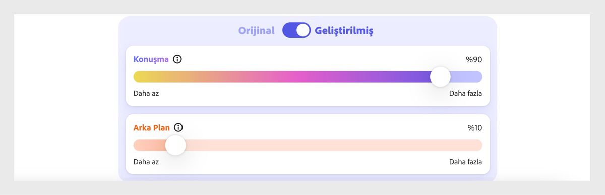 Konuşma ve Arka Plan kaydırıcıları, hassas kontrol için her bir uçta yüzde değerleriyle gösterilen ayarlanabilir seviyelere sahiptir.