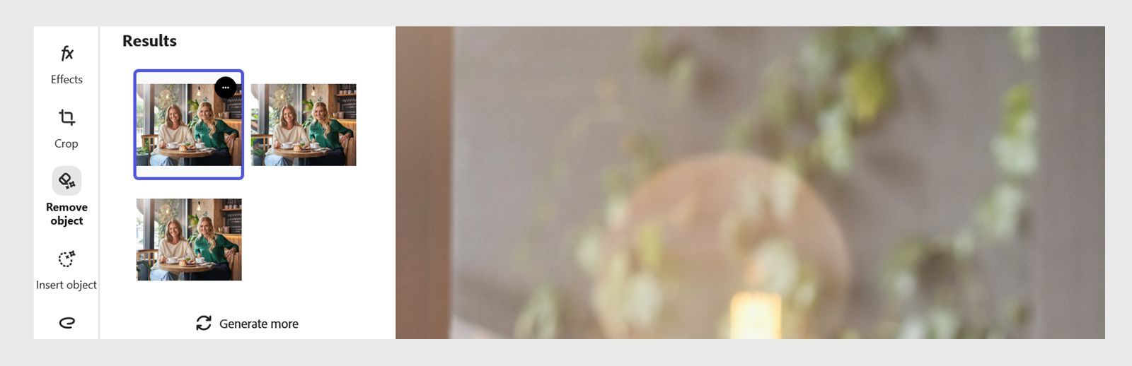 Solda birden fazla düzenlenmiş görüntü önizlemesinin ve “Daha fazla oluştur” düğmesinin bulunduğu, sağda ise ana fotoğrafın yer aldığı Sonuçlar panelini gösteren Kaldırma aracı.