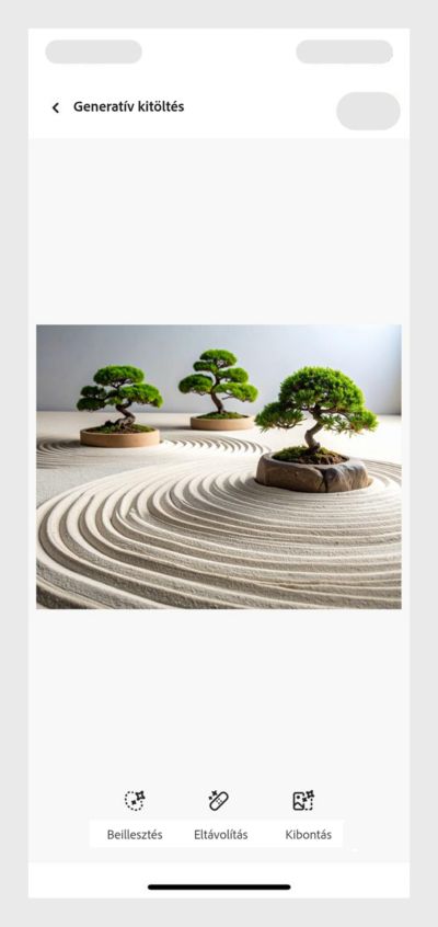 Minimalista zen kert gereblyézett homokkal és bonsai fákkal, nyugodt légkörrel. 