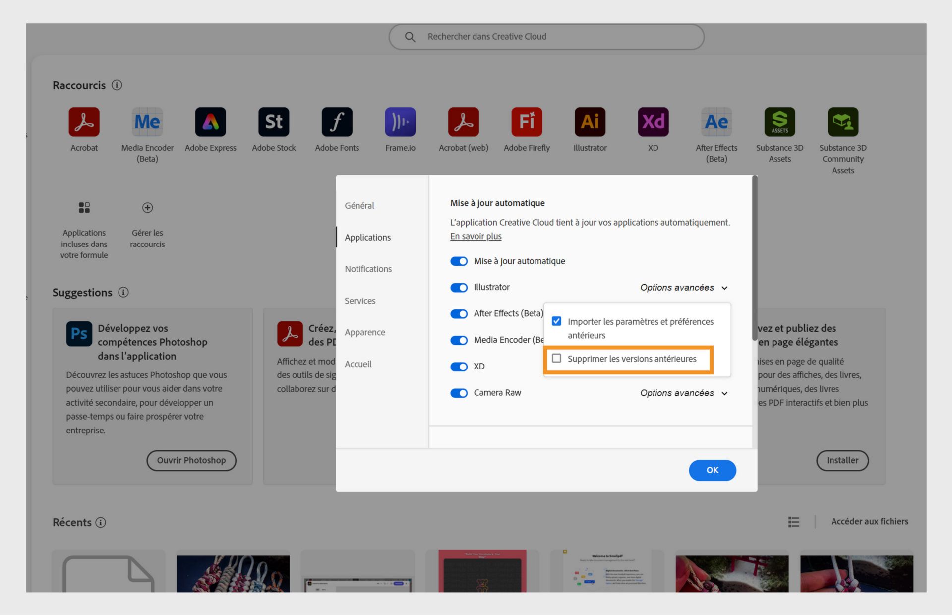 Les options avancées pour chaque application dans l'onglet Applis offrent la possibilité de supprimer les versions antérieures de vos applications ou de les conserver. 