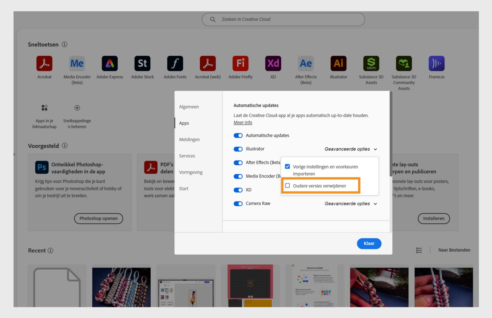 De Geavanceerde opties voor elke app in het tabblad Apps bieden de mogelijkheid om eerdere versies van uw apps te verwijderen of te behouden. 