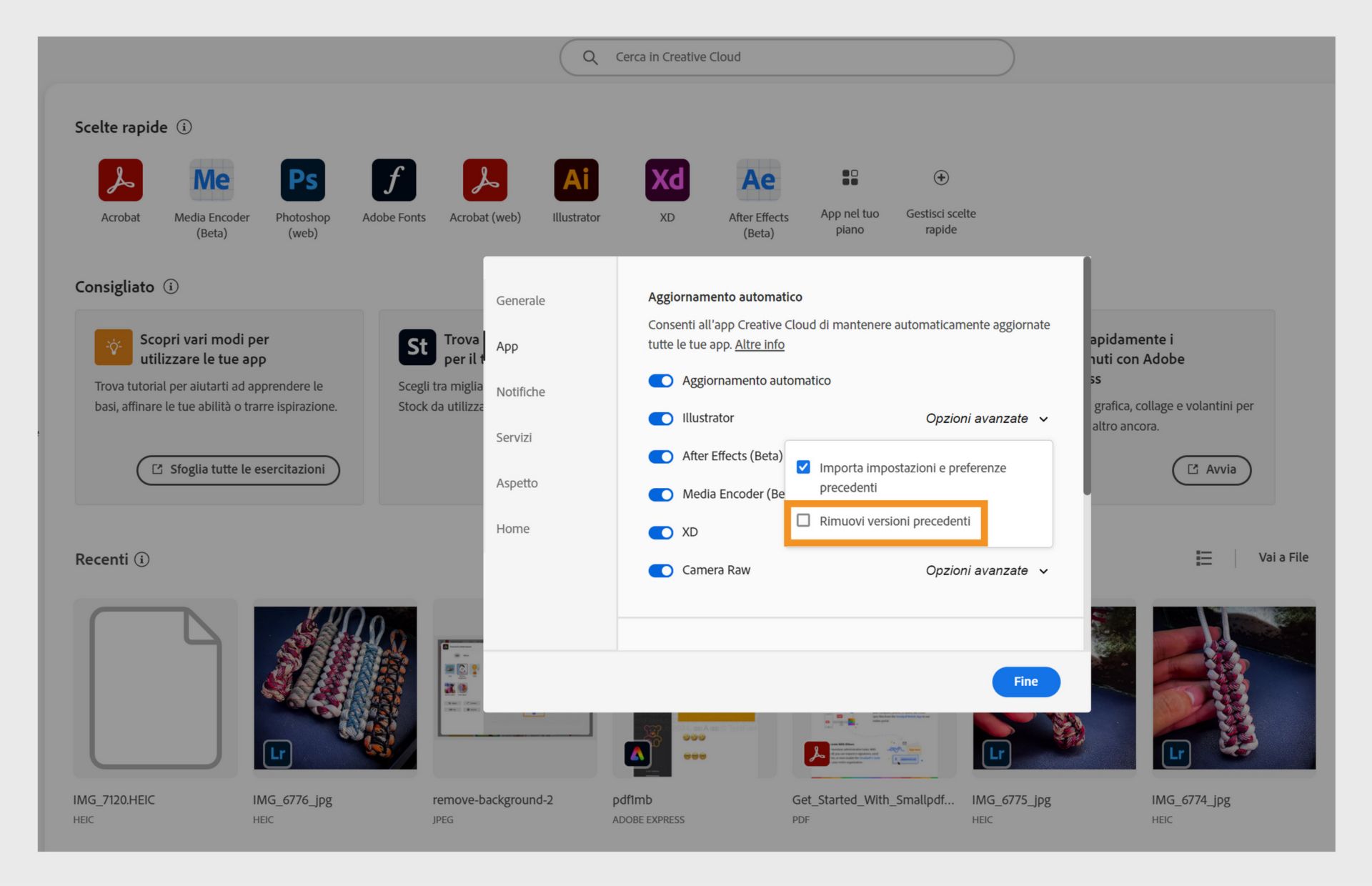 Le opzioni avanzate per ogni applicazione nella scheda Applicazioni offrono la possibilità di rimuovere le versioni precedenti delle applicazioni o di mantenerle. 