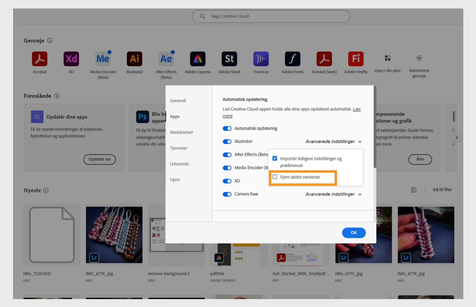 De avancerede indstillinger for hver app i fanen Apps giver mulighed for at fjerne ældre versioner af dine apps eller beholde dem. 