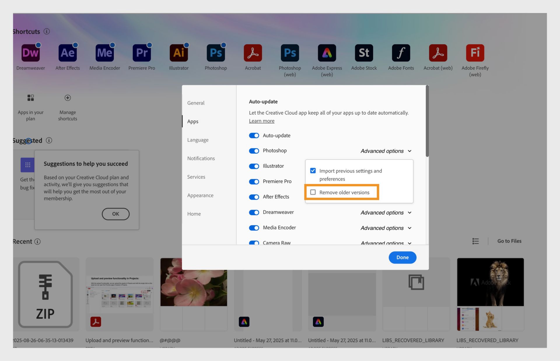 The Advanced options for each app in the Apps tab provides the option to remove older versions of your apps or keep them. 