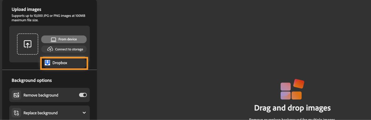 Unter „Bilder hochladen“ ist die Option „Dropbox“ ausgewählt.