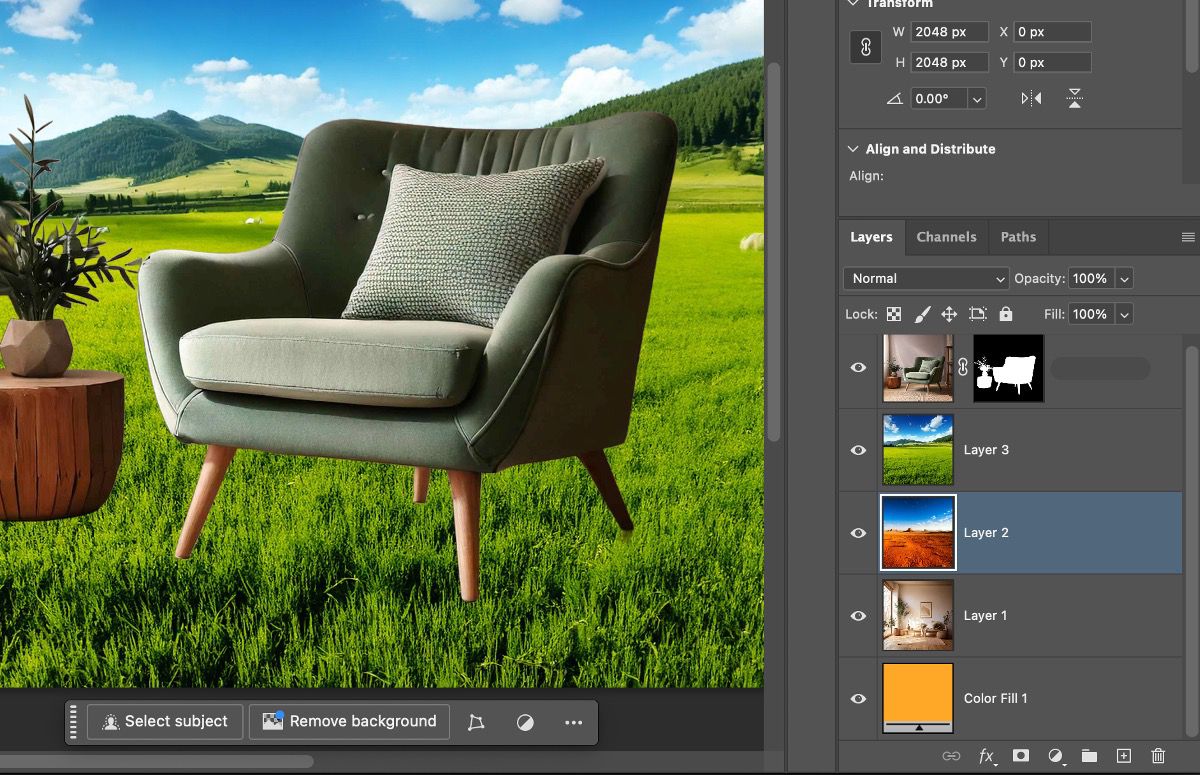 Photoshop открыт и содержит замаскированный слой с несколькими фоновыми изображениями в качестве слоев под ним.