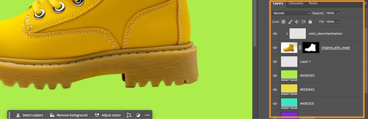 Photoshop está aberto e há uma camada mascarada com várias imagens de fundo como camadas abaixo dela.