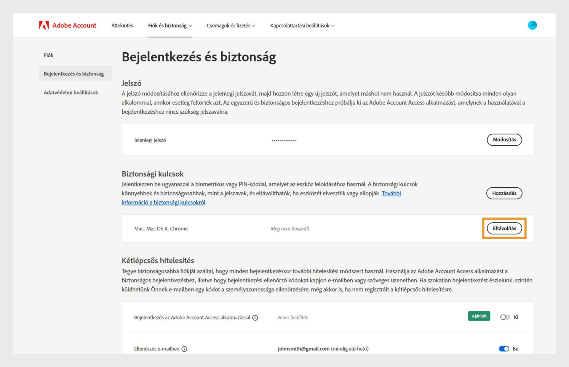 A Bejelentkezés és biztonság oldalon a Hozzáadott biztonsági kulcsok szakasz alatt a hozzáadott biztonsági kulcsok eltávolításának lehetősége, további részletekkel, például eszköz- és böngészőadatokkal, valamint a jelszó használati előzményeivel. 