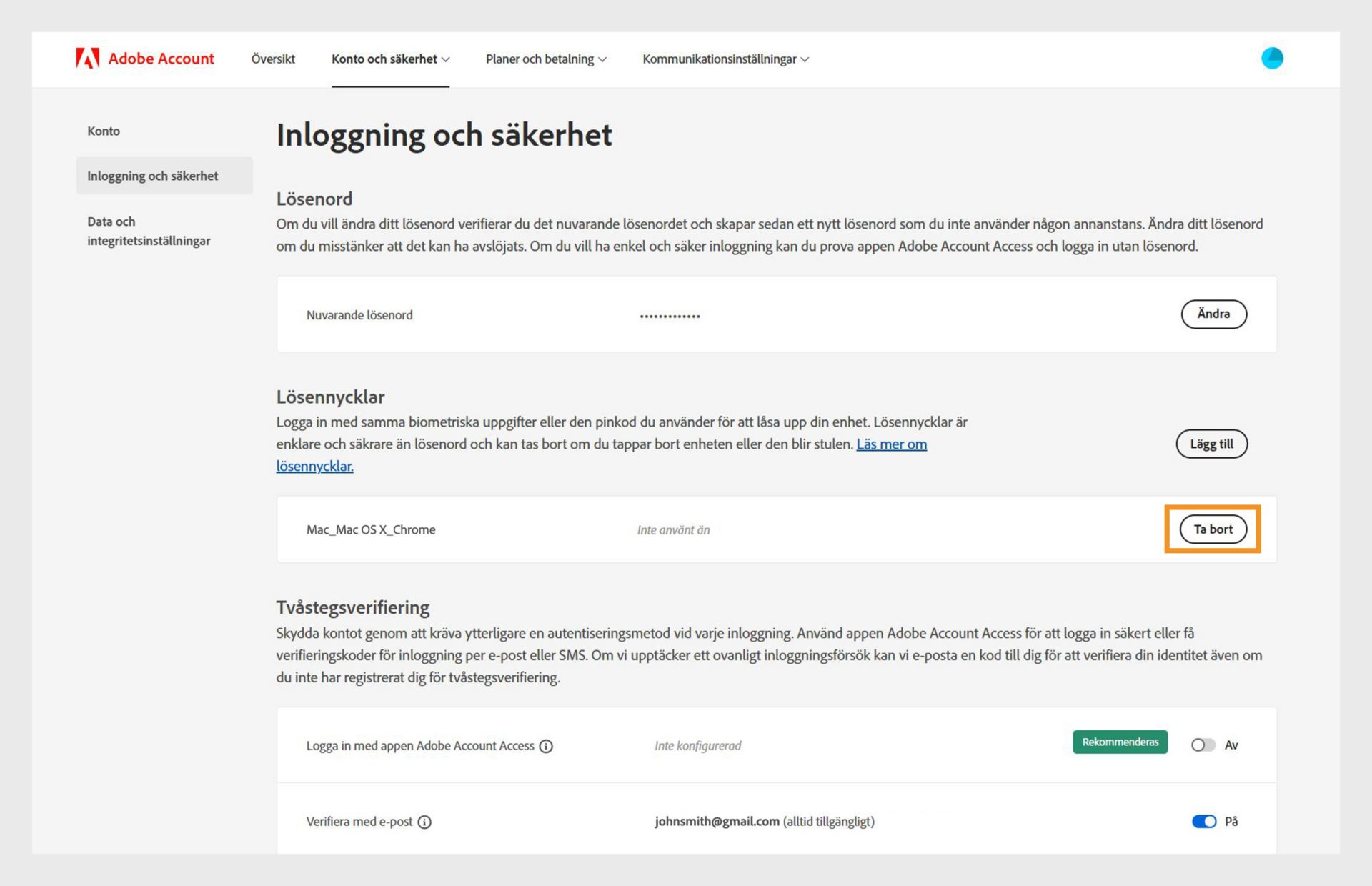 Sidan Inloggning och säkerhet visar alternativet för att ta bort en tillagd lösennyckel under avsnittet Lösennycklar med mer information som enhets- och webbläsarinformation och användarhistoriken för lösennyckeln. 