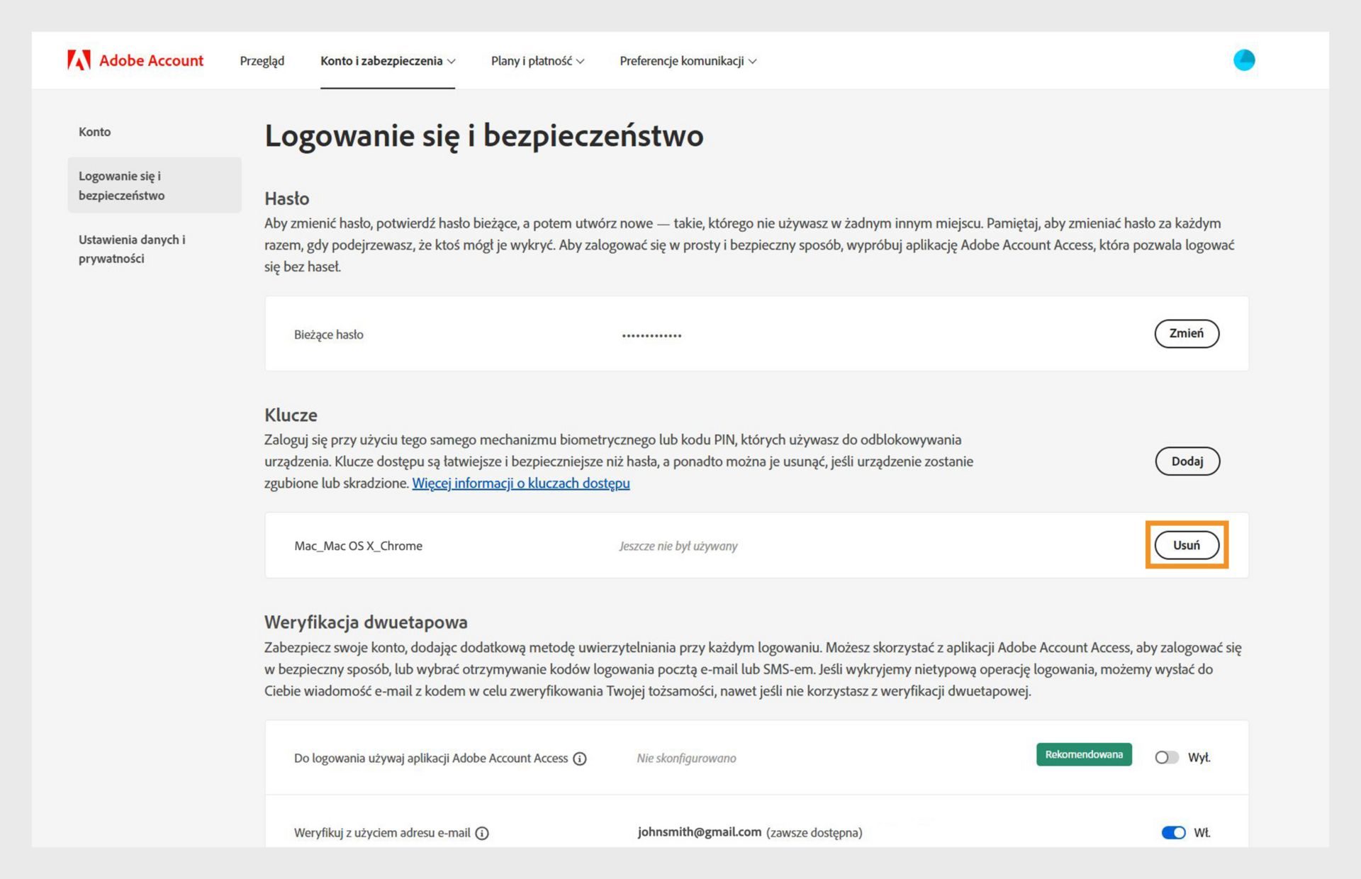 Strona „Logowanie i bezpieczeństwo” z sekcją Klucze dostępu. Widoczna jest opcja usunięcia uprzednio dodanego klucza dostępu oraz dodatkowe informacje, m.in. o urządzeniu i przeglądarce, a także historia użycia danego klucza dostępu. 