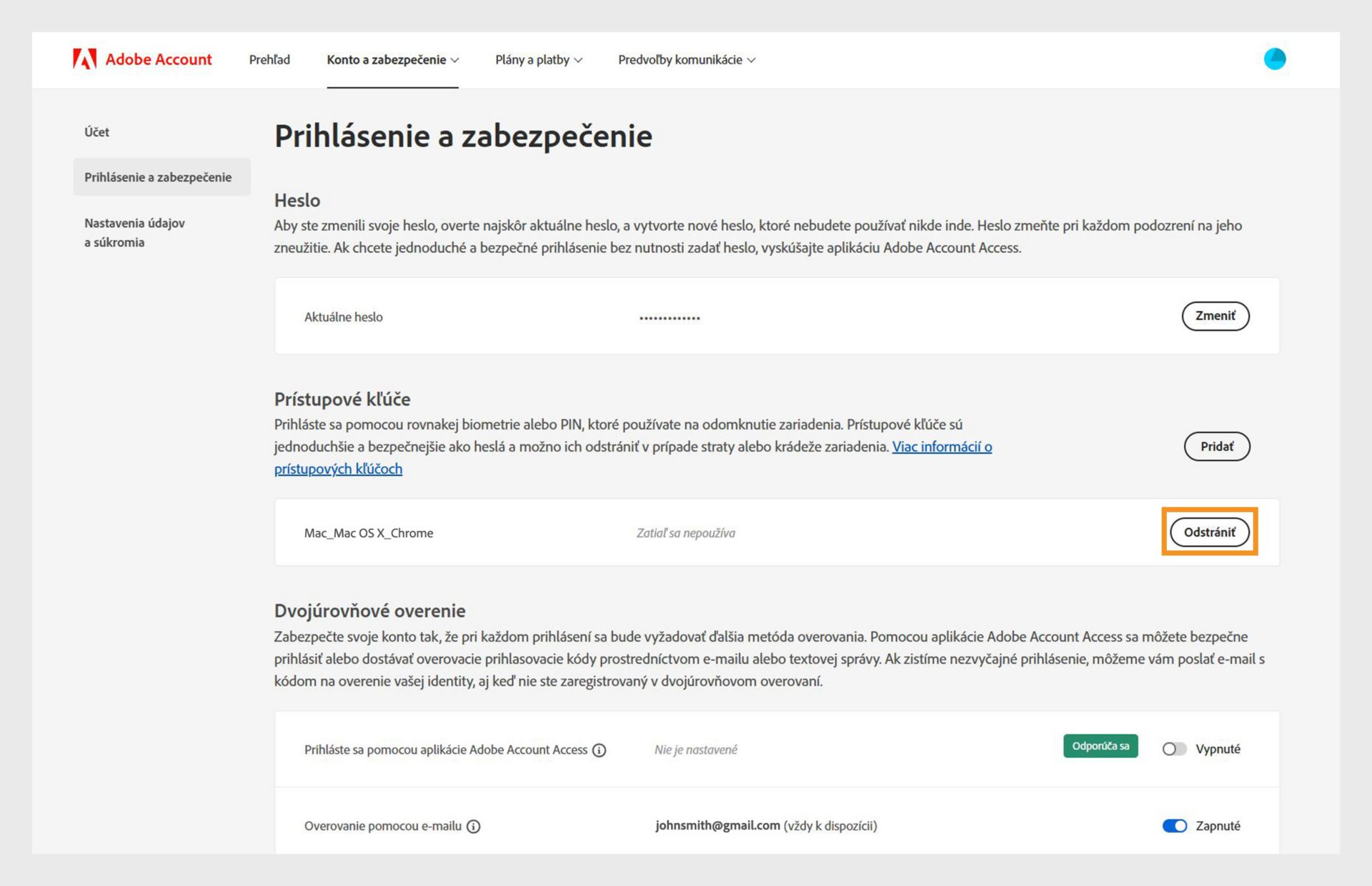Stránka Prihlásenie a zabezpečenie zobrazujúca možnosť odstránenia pridaného prístupového kľúča v časti Prístupové kľúče s ďalšími informáciami, ako sú zariadenie, prehliadač a história používania prístupového kľúča. 