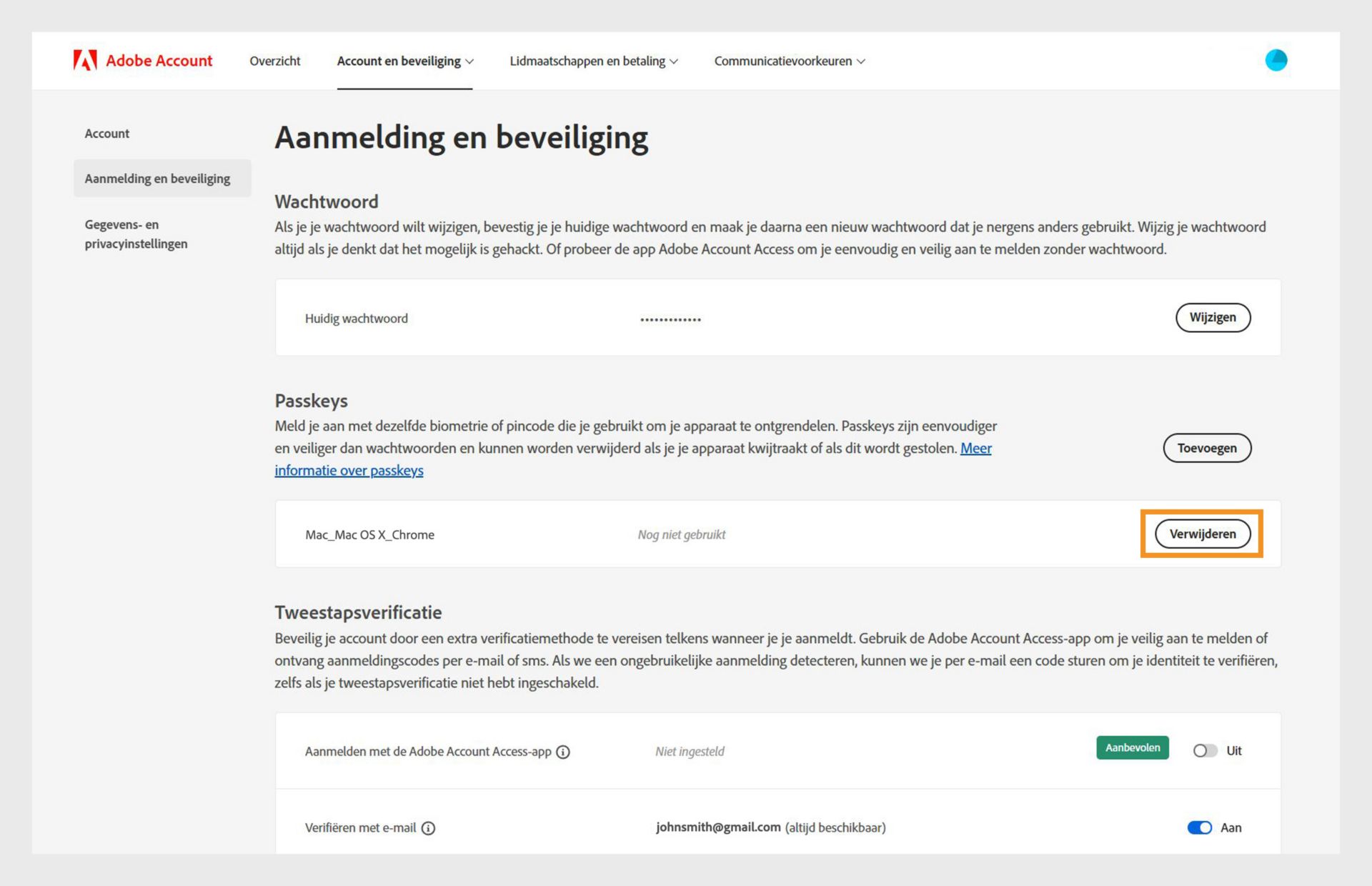 De pagina Aanmelding en beveiliging met de optie om een toegevoegde passkey in het gedeelte Passkeys te verwijderen, met meer details zoals informatie over het apparaat en de browser en de gebruiksgeschiedenis van de passkey. 