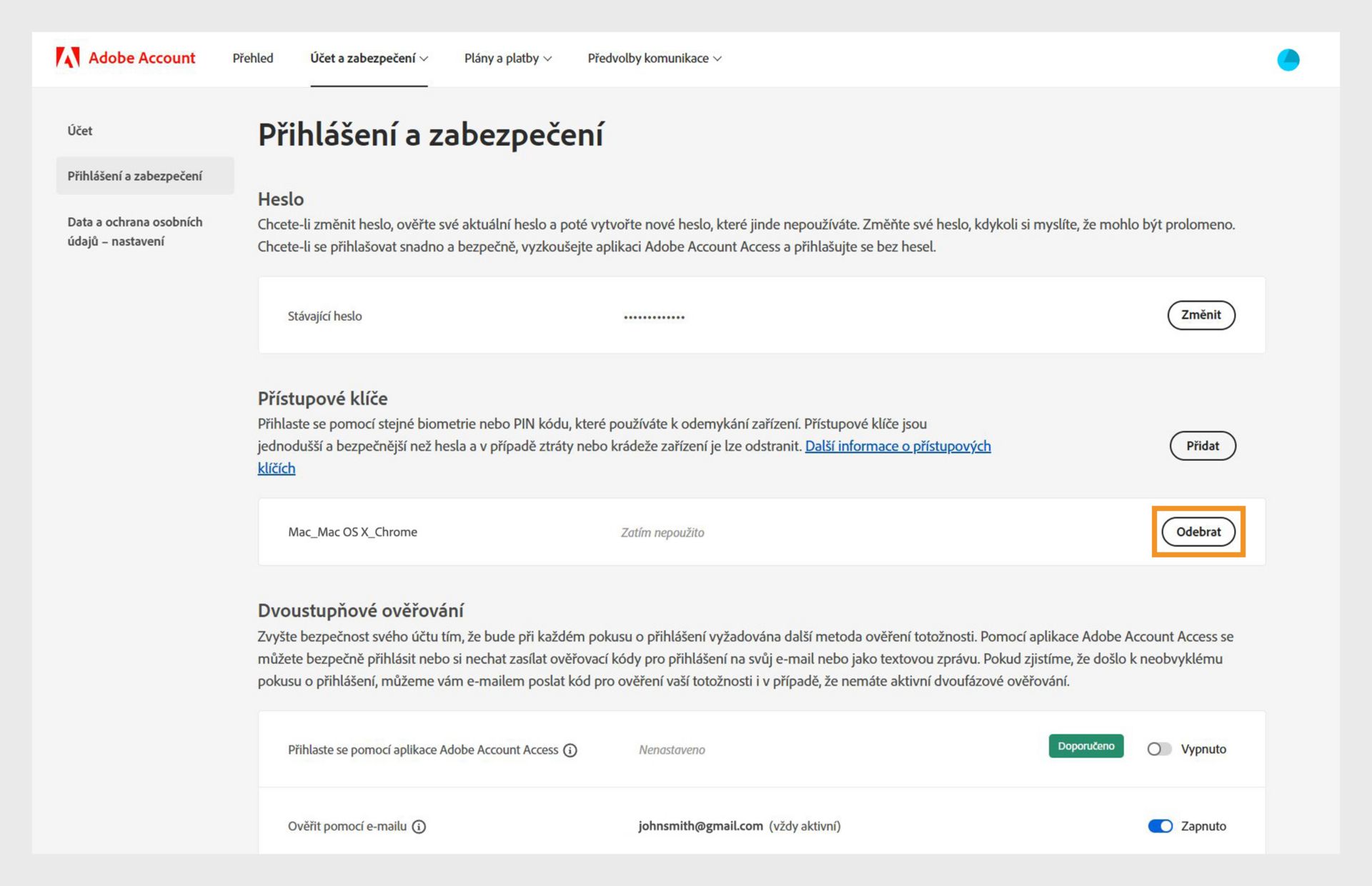 Na stránce Přihlášení a zabezpečení naleznete v části Přístupové klíče možnost odebrání přidaného přístupového klíče a další podrobnosti, jako například informace o zařízení a prohlížeči a historii používání daného přístupového klíče. 