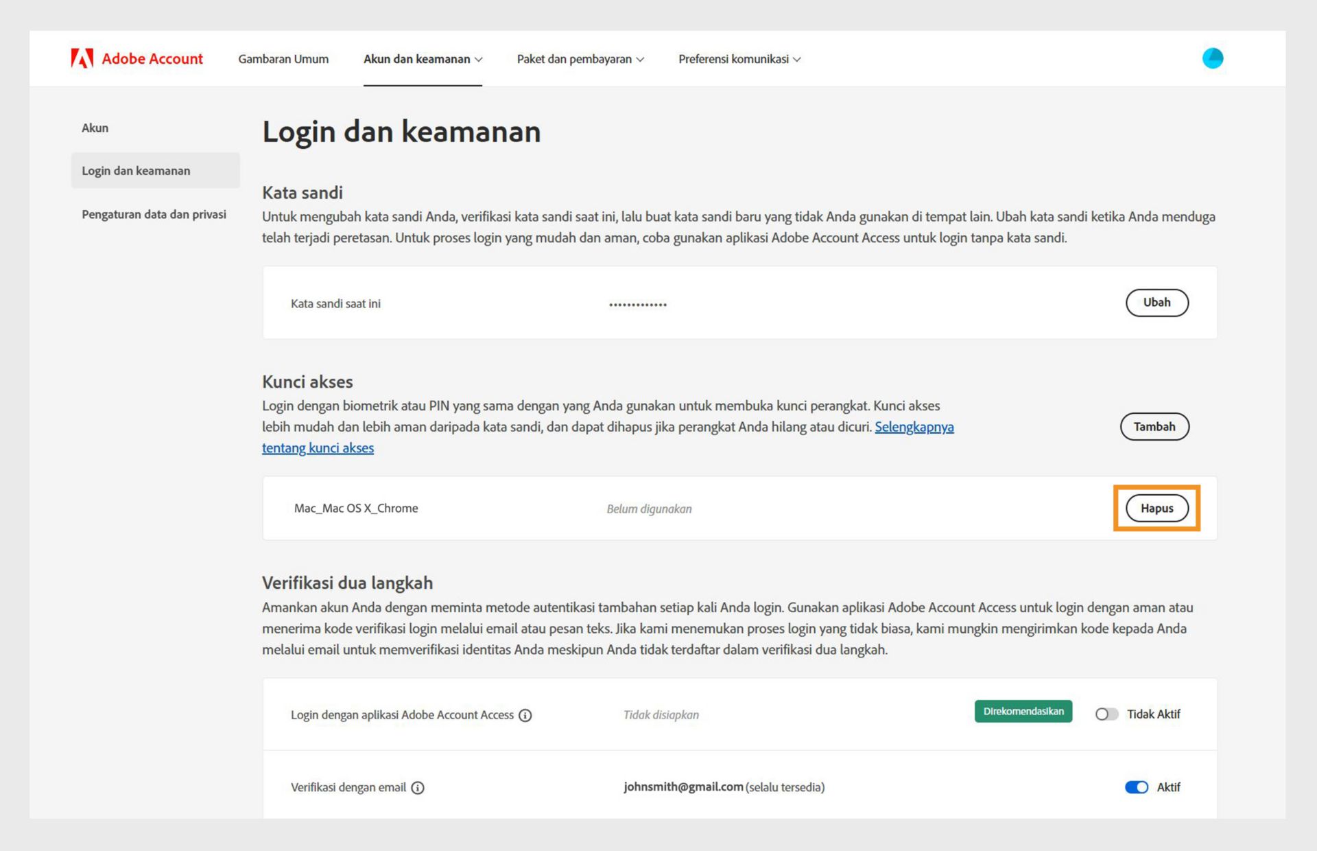 Halaman Login dan keamanan menampilkan opsi untuk menghapus kunci akses yang ditambahkan di bagian Kunci Akses, dengan rincian lebih lanjut seperti informasi perangkat dan browser, serta riwayat penggunaan kunci akses. 