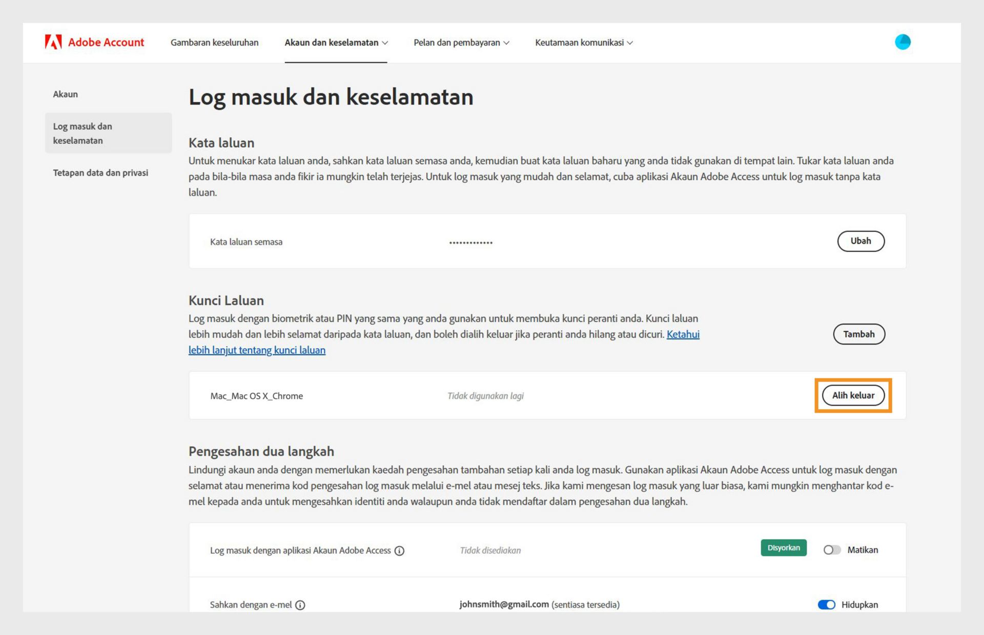 Halaman Daftar Masuk dan keselamatan menunjukkan pilihan untuk mengeluarkan kunci laluan tambahan di bawah bahagian Kunci Laluan, dengan butiran lanjut seperti maklumat peranti dan pelayar serta sejarah penggunaan kunci laluan. 