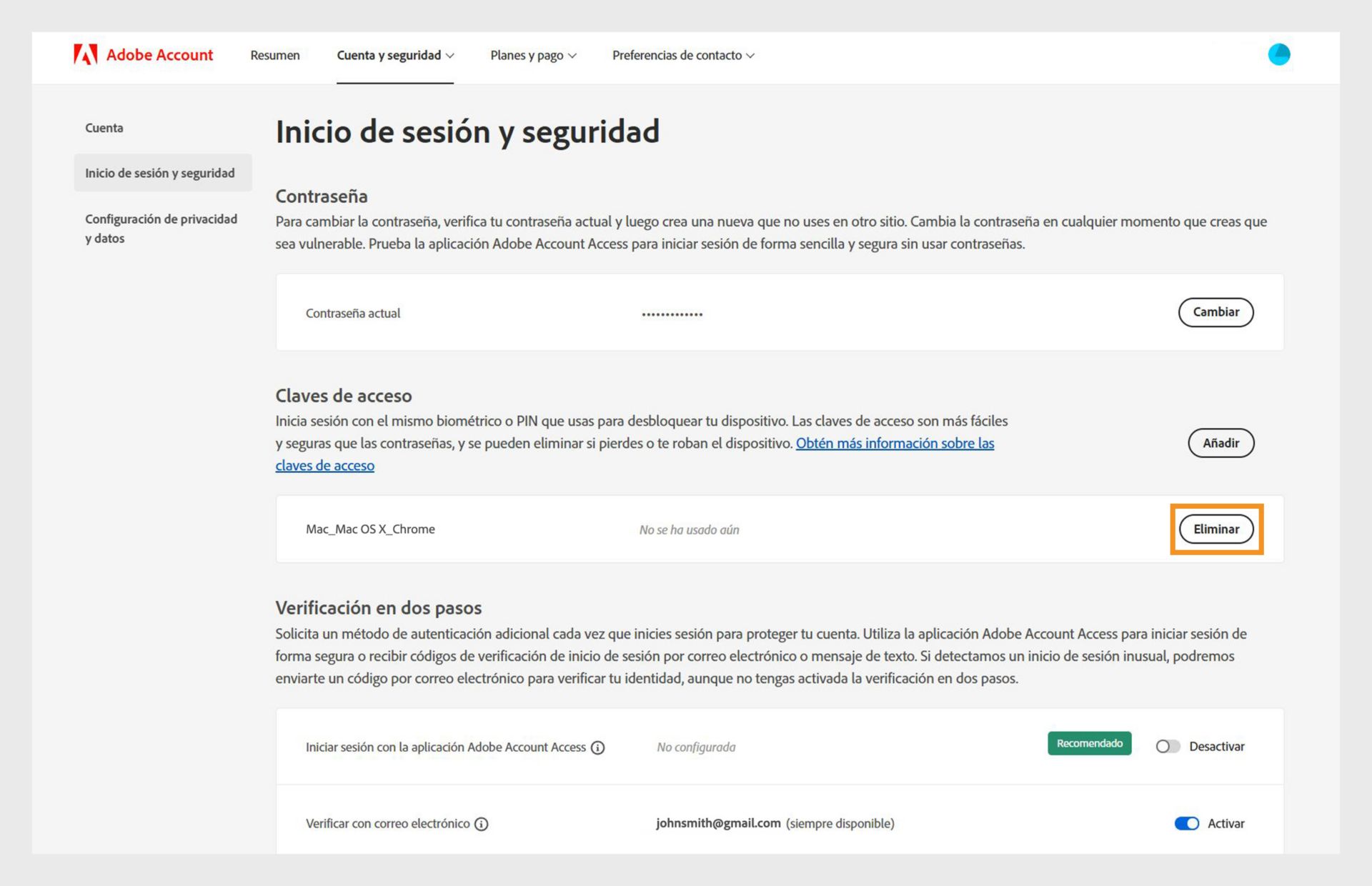 La página de inicio de sesión y seguridad con la opción para eliminar una clave de acceso añadida en la sección Claves de acceso, con más detalles como la información del dispositivo y del navegador, y el historial de uso de la clave de acceso. 