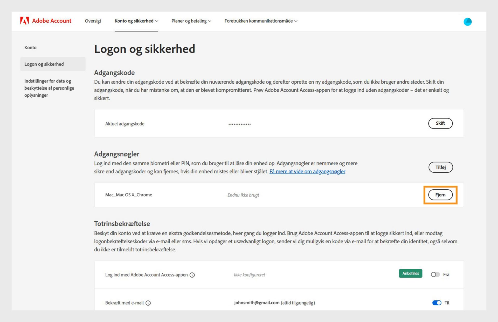 Siden til at logge ind og sikkerhed, der viser muligheden for at fjerne en tilføjet adgangsnøgle under afsnittet Adgangsnøgler med flere detaljer som f.eks. oplysninger om enheden og browseren samt brugshistorik for adgangsnøglen. 
