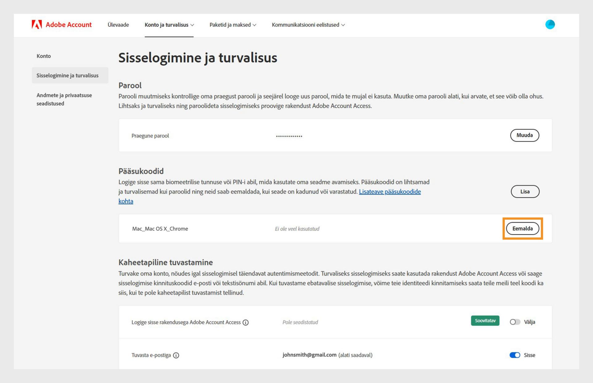 Sisselogimise ja turvalisuse lehekülg, mis näitab lisatud pääsukoodi eemaldamise võimalust jaotises Pääsukoodid koos rohkemate üksikasjadega, nagu seadme ja brauseri andmed ning pääsukoodi kasutusajalugu. 