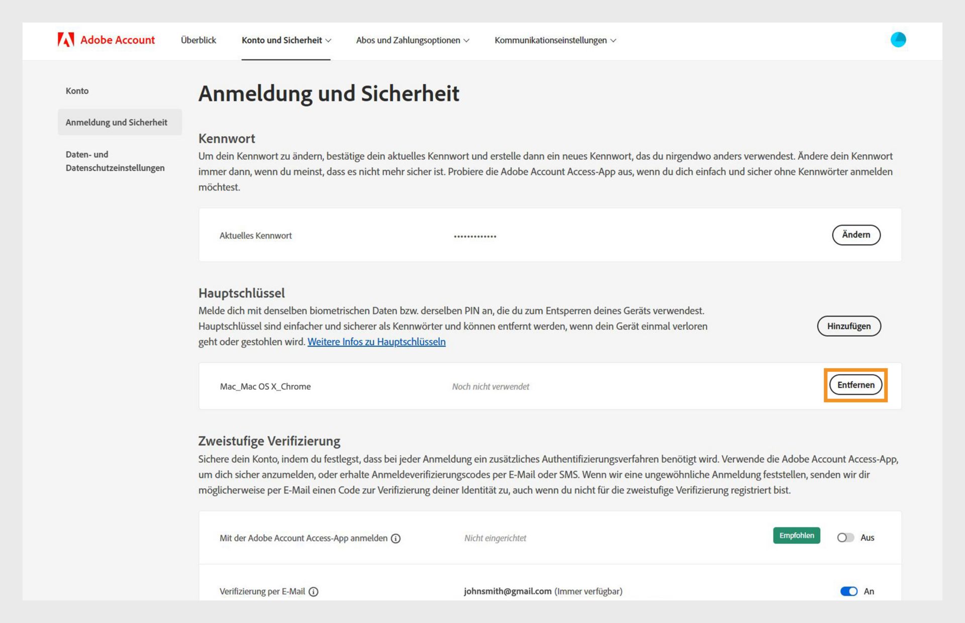 Auf der Seite „Anmeldung und Sicherheit“ wird die Option zum Entfernen eines hinzugefügten Hauptschlüssels im Abschnitt „Hauptschlüssel“ mit weiteren Details wie Geräte- und Browser-Informationen und dem Nutzungsverlauf des Hauptschlüssels angezeigt. 