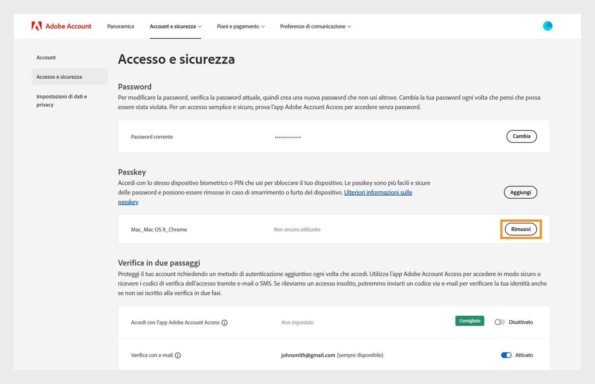 La pagina Accesso e sicurezza mostra l'opzione per rimuovere una passkey aggiunta nella sezione Passkey, con maggiori dettagli come le informazioni sul dispositivo e sul browser e la cronologia di utilizzo della passkey. 