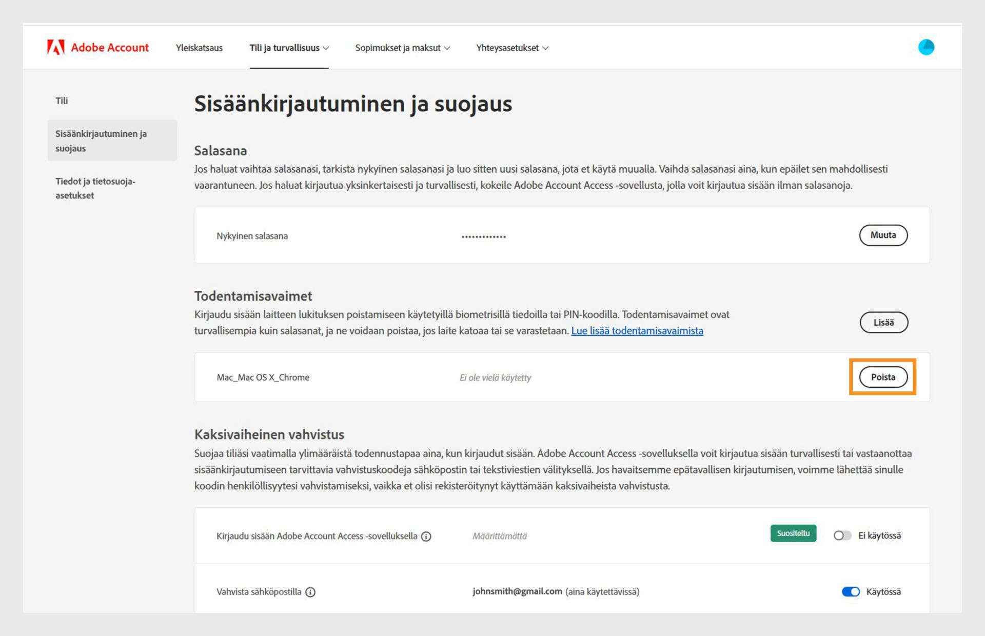Sisäänkirjautuminen ja suojaus ‑sivulla näkyy vaihtoehto, jolla Todentamisavaimet-osioon lisätty todentamisavain voidaan poistaa. Siellä on myös muita tietoja, kuten laitteen ja selaimen tiedot sekä todentamisavaimen käyttöhistoria. 