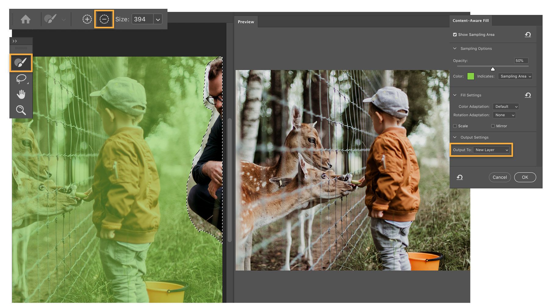 มีการเลือกผู้ชายไว้ขณะที่ Content-Aware Fill นำตัวอย่างมาจากส่วนที่เหลือทั้งหมดของภาพ Output To: เป็น New Layer เพื่อรักษารูปภาพต้นฉบับ   