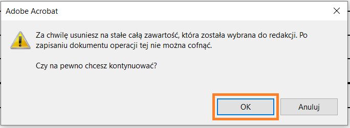 Aby usunąć zredagowane treści, kliknij przycisk OK