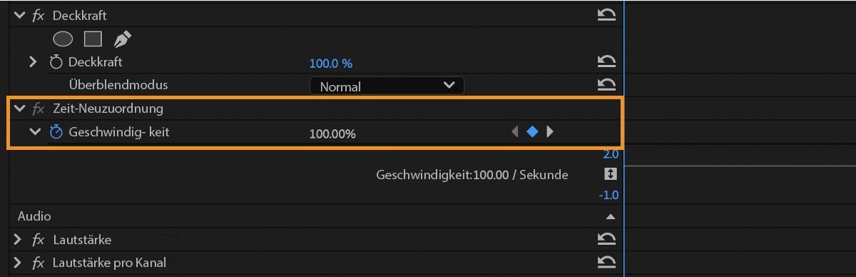 Das Bedienfeld „Effekteinstellungen“ zeigt den Effekt „Zeit-Neuzuordnung“ eingeblendet an.Die Schaltfläche „Animation aktivieren/deaktivieren“ für „Geschwindigkeit“ ist aktiviert und auf den Wert 100 % eingestellt.