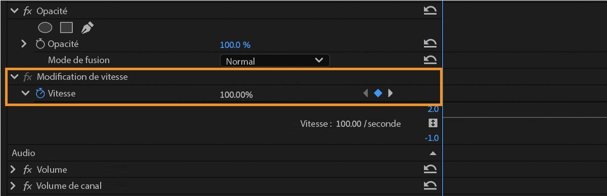 Le panneau Options d’effet affiche l’effet Remappage temporel développé.Le bouton Activer/Désactiver l’animation pour la vitesse est activé et sa valeur est de 100 %.