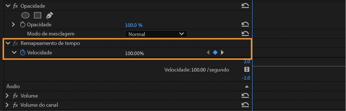 O painel Controles de Efeito mostra o efeito de Remapeamento de Tempo expandido.O botão “Alternar animação” de “Velocidade” está ativado e tem um valor de 100%. 