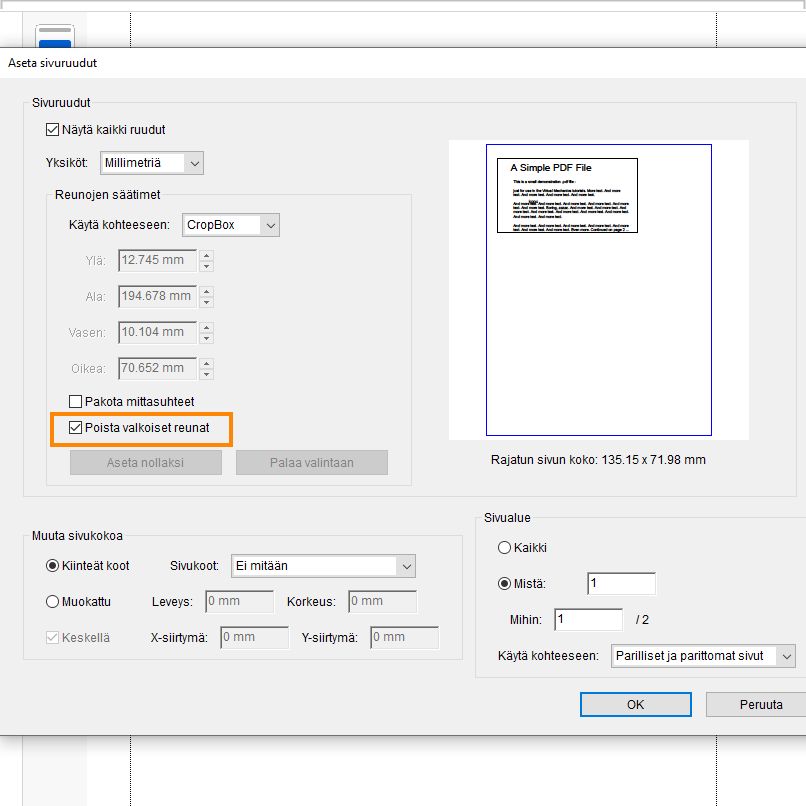 Poista valkoiset reunat PDF-tiedostosta.